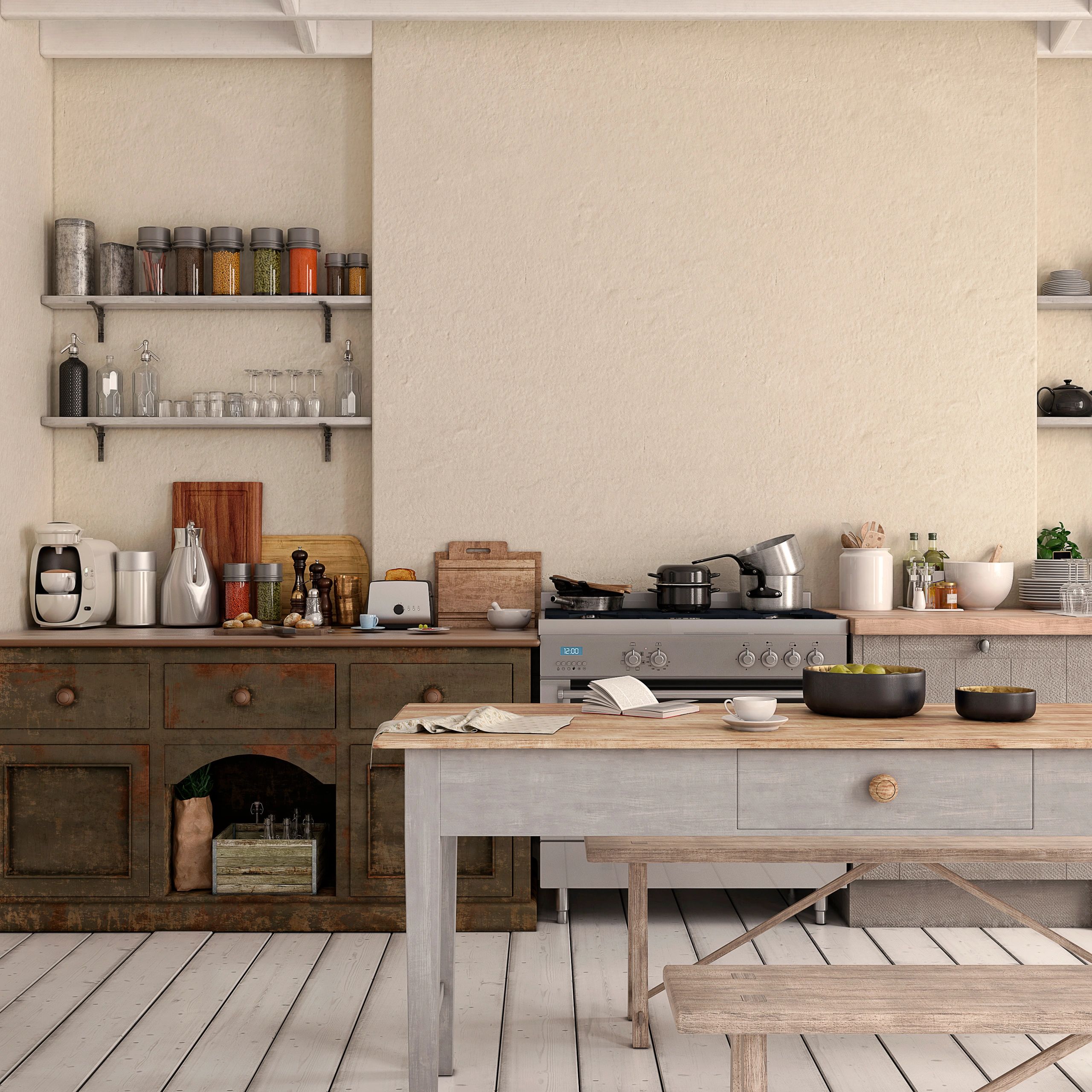 Rustic farmhouse kitchen with open shelving