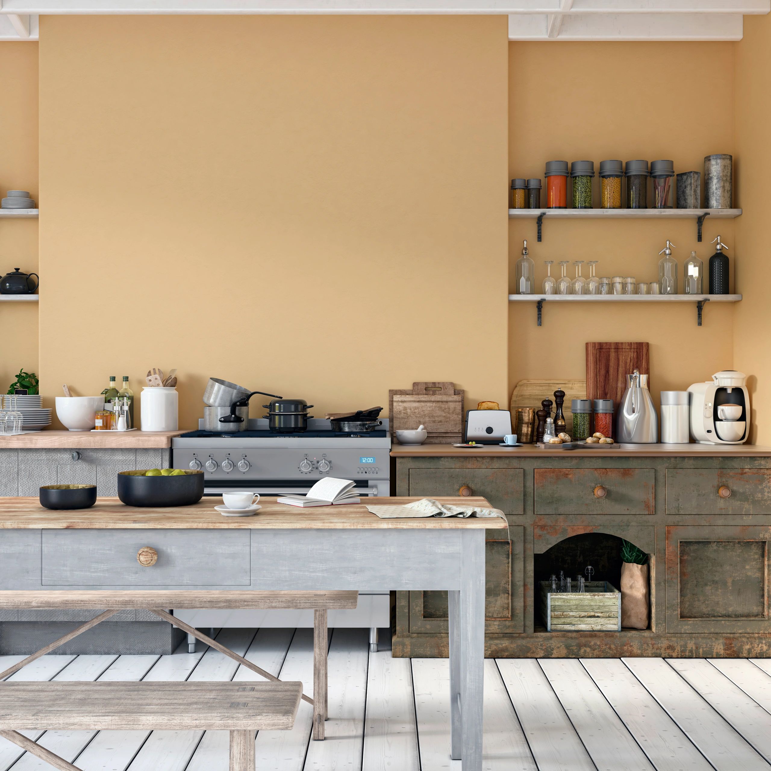 Farmhouse kitchen with stainless range and wood countertops